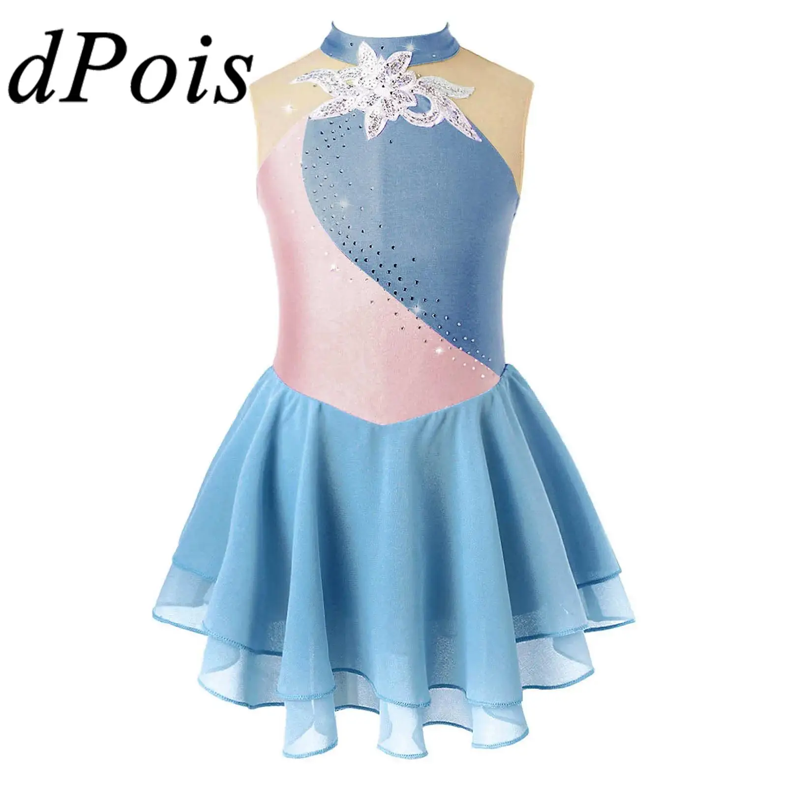 

Kids Girls Sequins Floral Figure Ice Skating Dress Ballet Dance Gymnastics Leotard Dancewear Teens Lyrical Dance Stage Costume