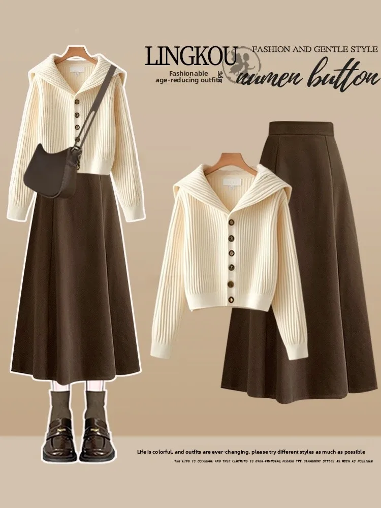 

Elegant plus Size Autumn Set Women's Soft Ageless Knitwear High Waist Vintage Slimming Midi Skirt Two Piece Set Casual Style