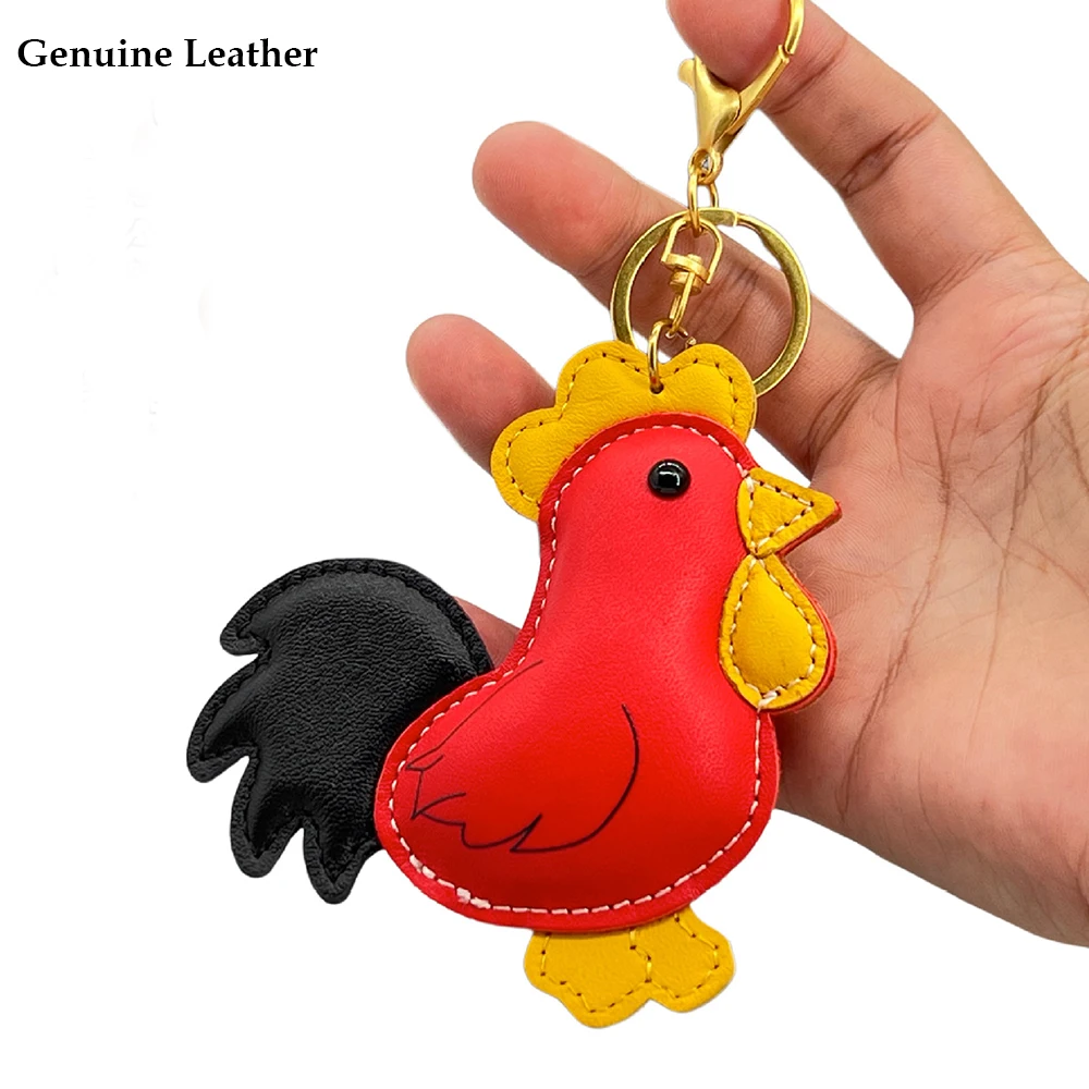Genuine Leather Cartoon Rooster Charm Bag Pendant Keychain Cute Cock Top Layer Cowhide Handbag Charm for Women Purse Accessory