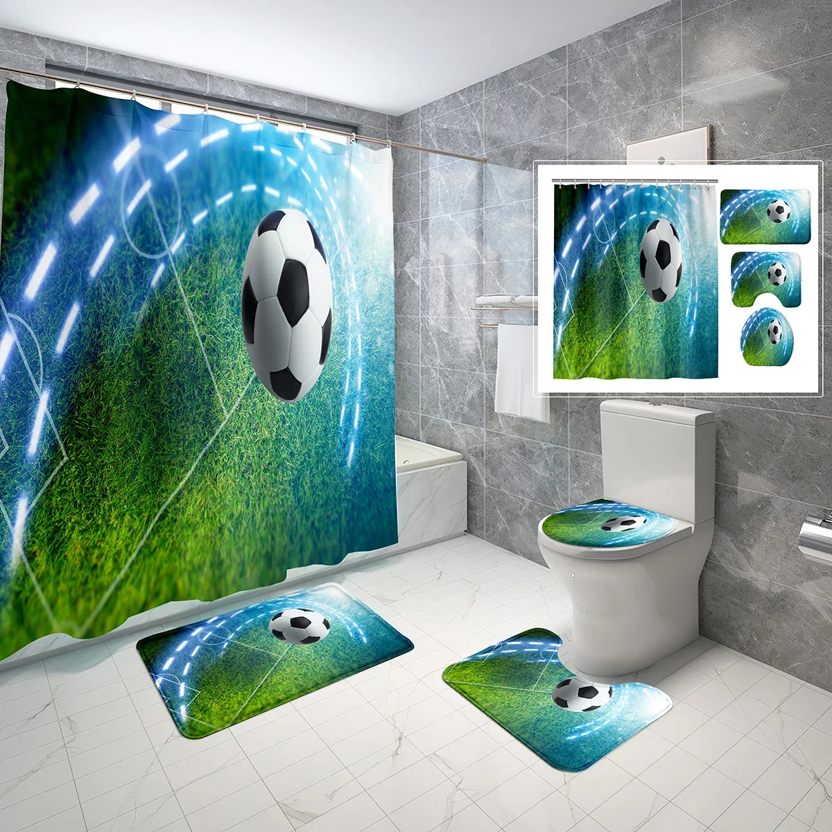 4 Pcs Soccer Shower Curtain Sets Art Sport Lawn Football Field Non-Slip Bath Mat Toilet Cover Waterproof Shower Curtain Set