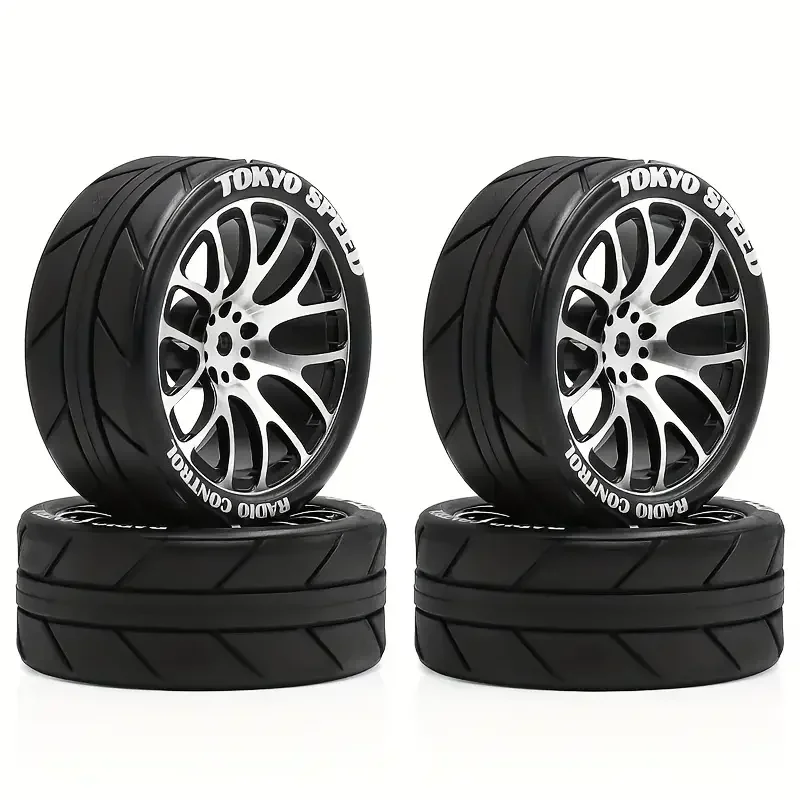 

1/10 On-Road RC Tire Set, 12mm Hex Metal Rims for Tamiya TT02 XV01, Racing Wheels for HSP HPI, High Grip Upgrade