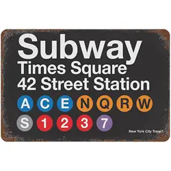 Vintage Metal Tin Sign 8x12 Inches, New York City Subway Wall Decor Downtown Brooklyn Grand Central Times Square 42 Street Stati