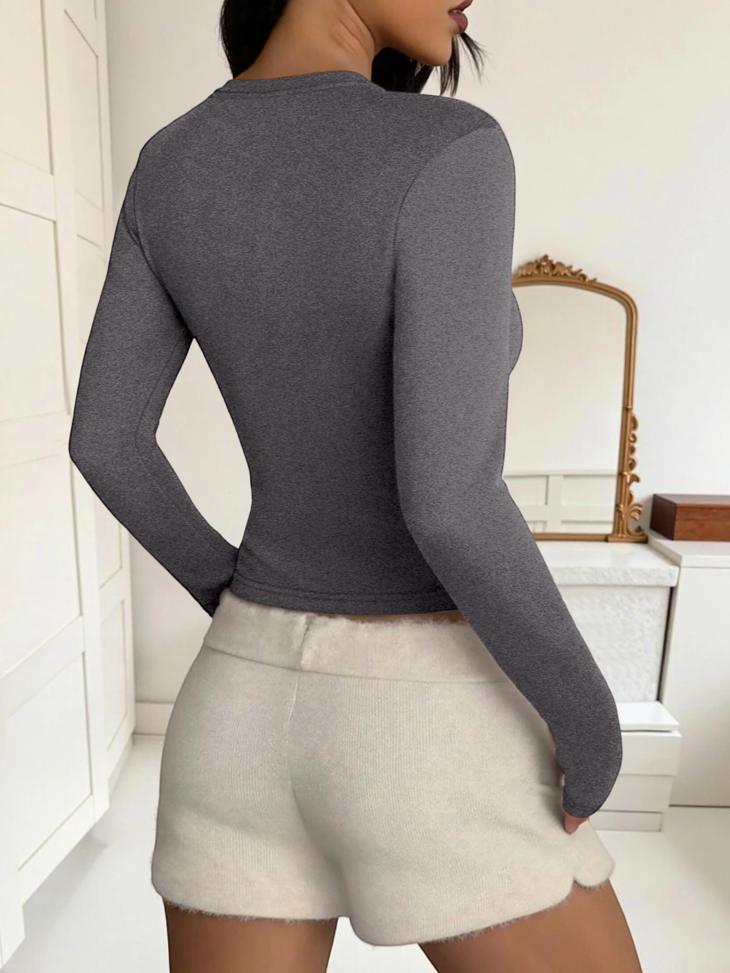 Women Round Neck Cropped Long Sleeve T-shirt Solid Elastic Slim Bodycon Tee 2026 Autumn Street Spicy Girl