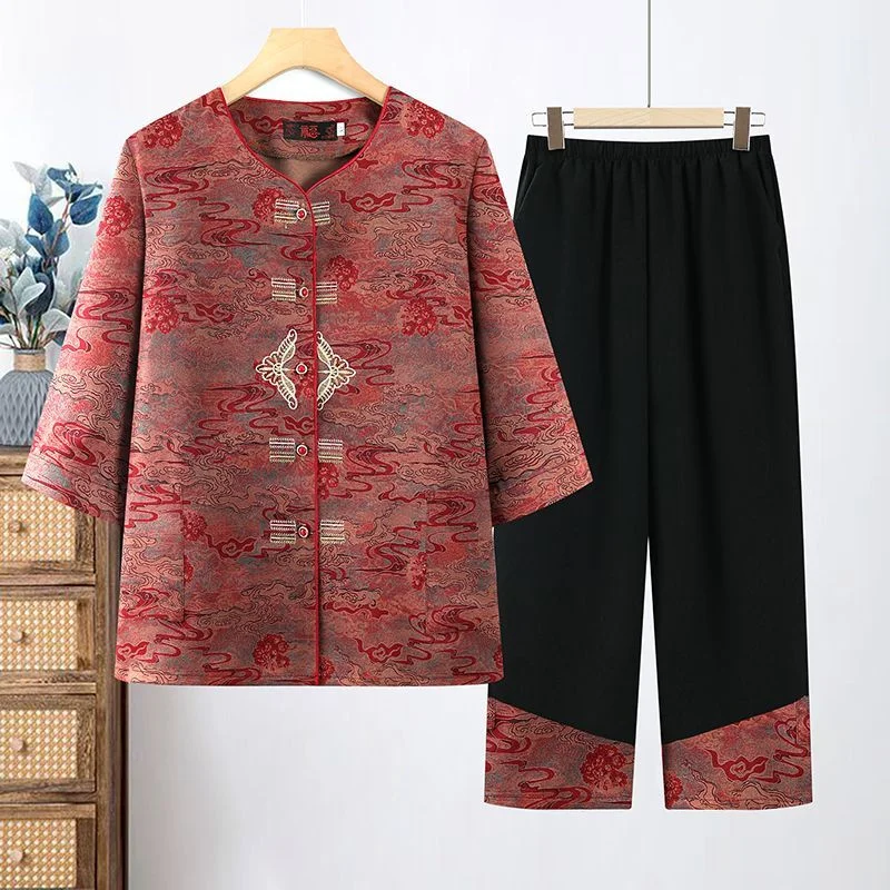 

Летний наряд бабушки в китайском стиле, весна-лето, рубашка с принтом для пожилых мам среднего возраста, блузка, черные брюки, женские костюмы из 2 предметов