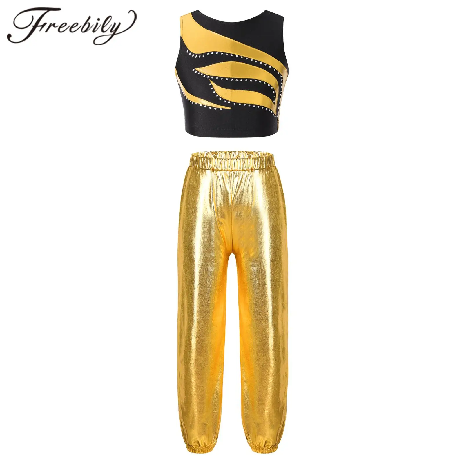 

Kids Girls Jazz Dance Costume Metallic Crop Top Pants Children Hip Hop Clothes Sets Two Pieces Teen Stage Performance Dancewear