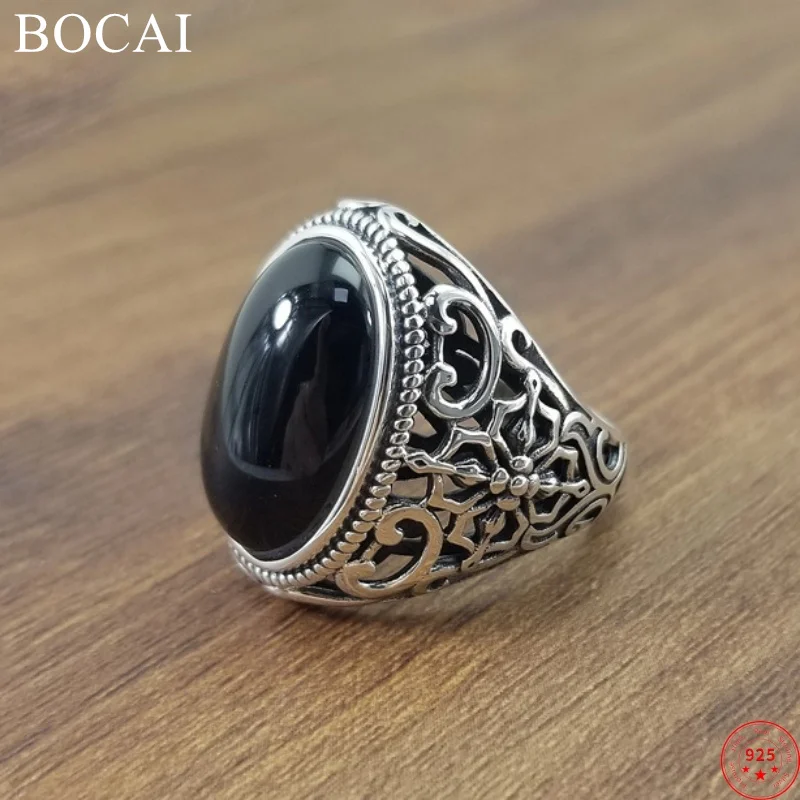 BOCAI S925 Solid Sterling Silver Ring for Men Retro Hollow Eternal Rattan Pattern Inlaid Black Agate Punk Jewelry Wholesale