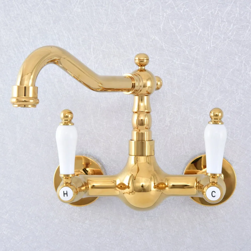 

Luxury Gold Color Brass Wall Mounted Bathroom Kitchen Sink Faucet Swivel Spout Mixer Tap Dual Ceramic Handles Levers msf607