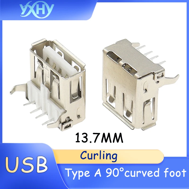 Type-A Interface AF 90-degree A Female USB Connector, 13.7 Bent Pin, Type-A Female USB Socket with Rolled Edge