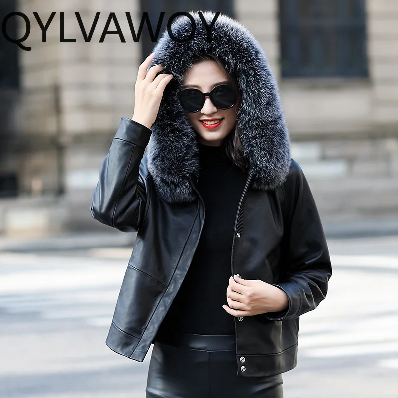 QYLVAWOY 2025 hiver nouveau manteau de fourrure en peau de mouton véritable pour femme col de fourrure de renard doudoune courte chaude haut de gamme élégant vêtements d'extérieur LJ2697
