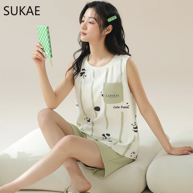 SUKAE Hot Sleeveless Sleepwear Summer Faux Cotton Pajama Sets for Women Cartoon Pjs Sleepwear Korean Kawaii Vest Nightwear