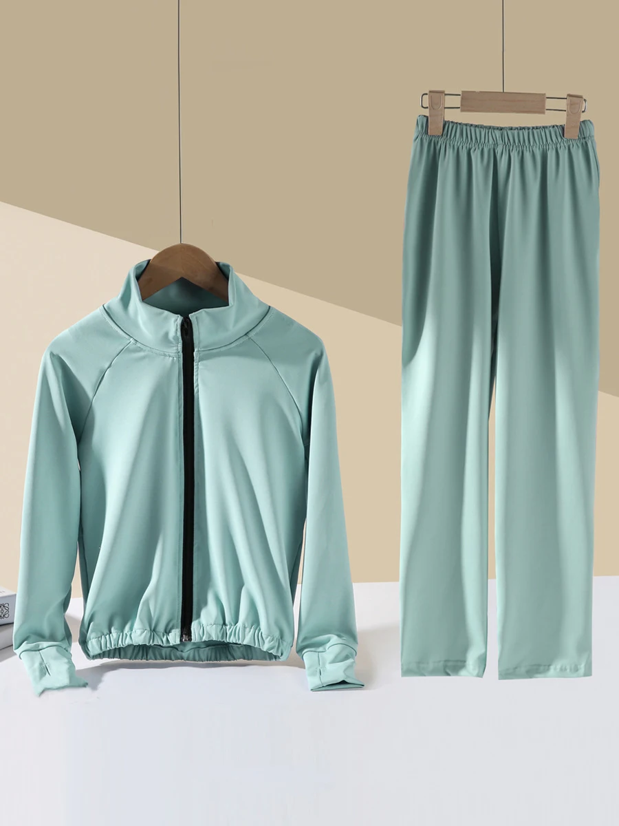 

Children's Sportswear Nylon Set Girls' Long Sleeved Stand Up Collar Zipper Top Elastic Waist Pants Simple Two-piece Set New