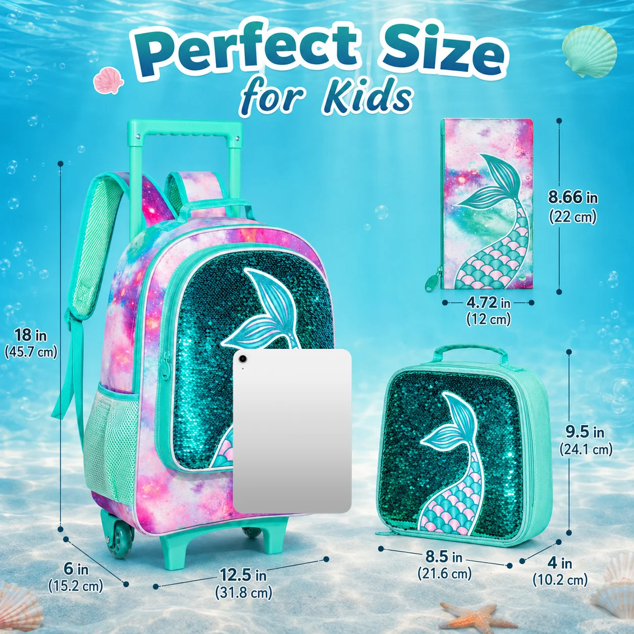 Kid's rolling backpack 3PCS Set, One Rolling Backpack + Handbag + Pencil Case, Teal Sequin Mermaid Tail, Large Capacity.