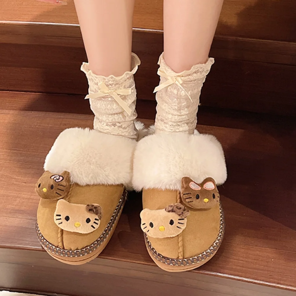 

Winter Sanrio Hello Kitty Plush Slippers Cute Cartoon Fuzzy Warm Comfy Women Home Shoe Kawaii Y2K Outdoor Antiskid Flat Slippers