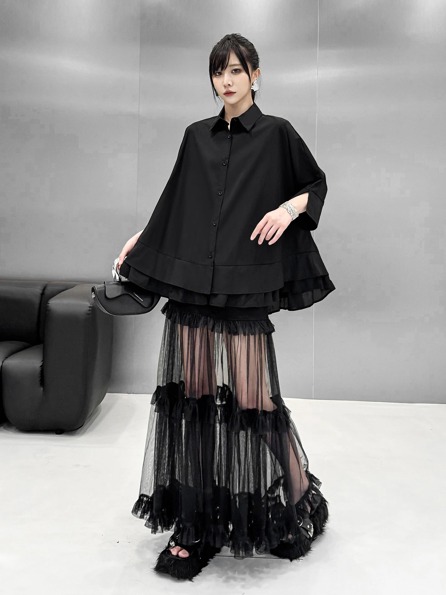 

Dark Fairy Style Loose Shirt Spring Summer 2026 Slimming Color Doll Shirt Transparent Mesh Shoulder Sleeve Open Cardigan