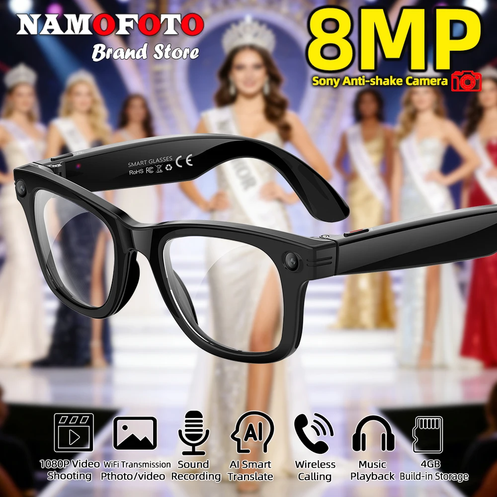 

New AI Smart Glasses with Camera 8MP HD 1080P Video Record 4GB Men Women SI Real-time Translation BT Call Music Play Sunglasses