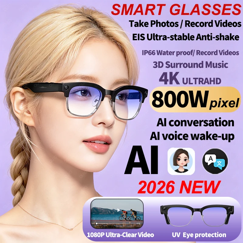 

Новые умные очки 2026 года с ИИ, 8-мегапиксельной HD-камерой, распознаванием объектов, ИИ-переводом, 4K ULTRA HD, водонепроницаемостью IP66 и функцией звонков по Bluetooth