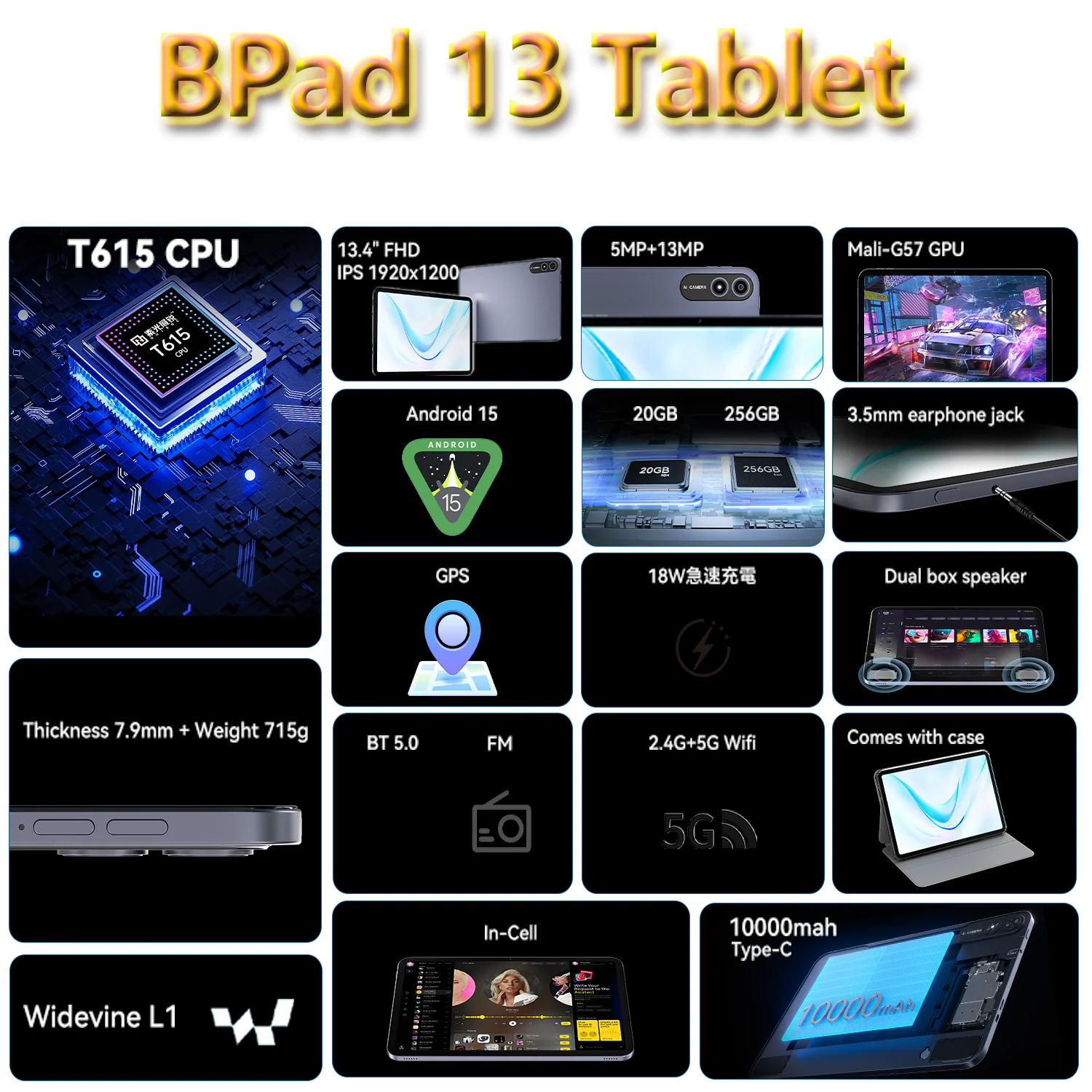 BNCF BPad 13,4 polegadas Unisoc T615 Tablet Android15 (6 + 14), GB de RAM + 256 GB de ROM 10000mAh Bateria 4G LTE Widevine L1 2K IPS Tab