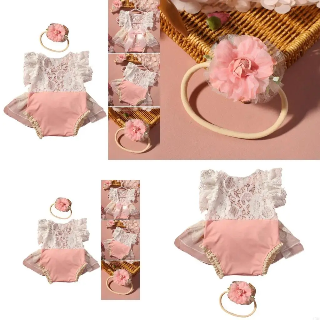 

97BE Comfortable Baby Headband Lace Romper Jumpsuit Set with Delicate Ruffle and Bowknot Charm for Stylish Photoshoots