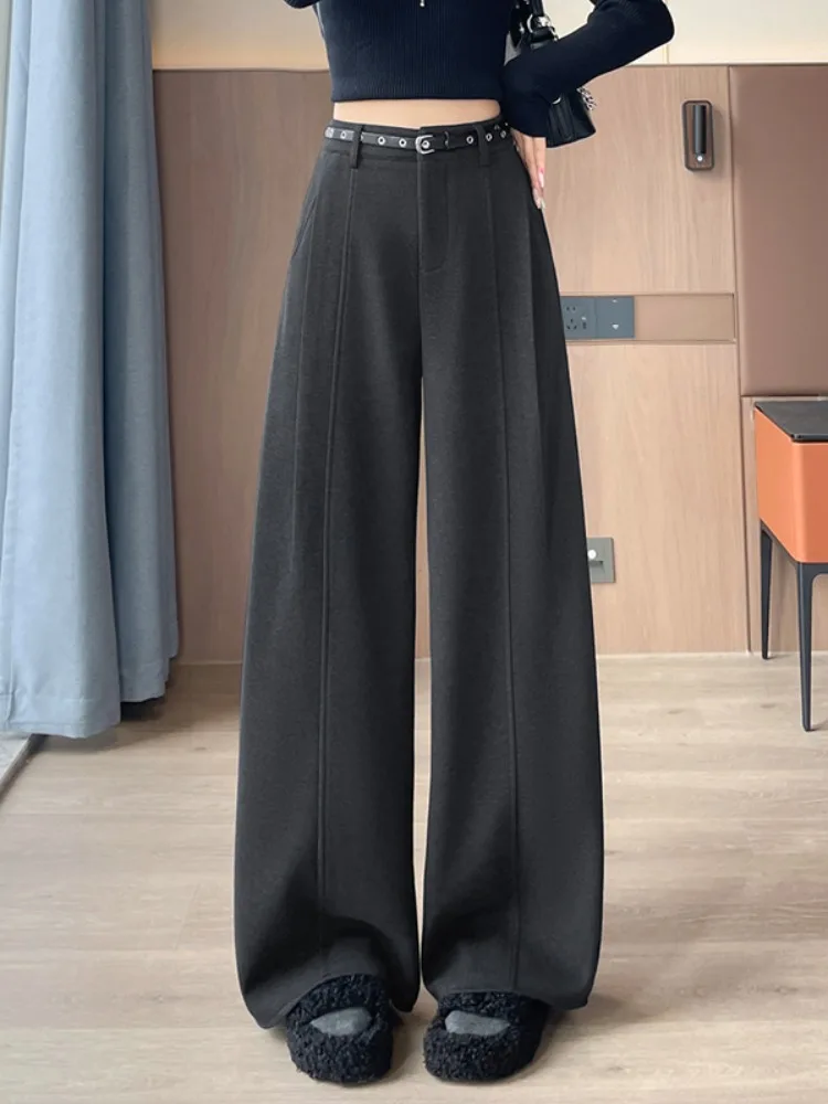 Modne spodnie damskie z wysokim stanem, ocieplane wełną, codzienne, zimowe, z podszewką z polaru, proste nogawki, długość do podłogi, szerokie nogawki.