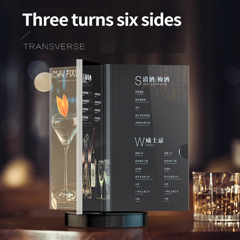 360 Degree Rotating Restaurant Menu Sign Holder Display Stand Three Side Coutertop Acrylic Table Number Poster Picture Frame