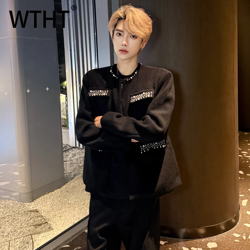 

WTHT модные мужские повседневные пальто с тяжелыми простыми бусинами, модные осенние куртки с круглым воротником и длинными рукавами 2023, мужские 2A2123