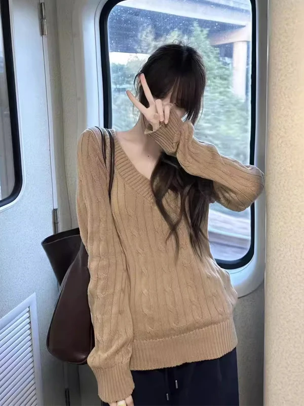 

Korean Sle V-Ne Long Sve Women's Knitwear Casual Slimming Sweater Autumn Winter New Sle Soft Twist Top Ladies Faion