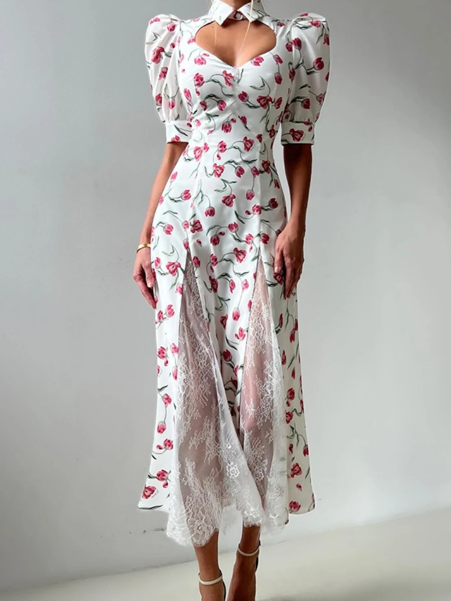 TWOTWINSTYLE 여성용 프렌치 꽃 프린트 드레스 옷깃 퍼프 슬리브 스플 라이스 컷 아웃 기질 하이 웨이스트 레이스 드레스 여성