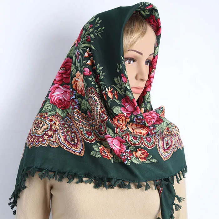 90*90cm Vintage Print Square Hijabs for Women Traditional Tassel Shawl Scarf Cotton Blend Headscarf Windproof Turban