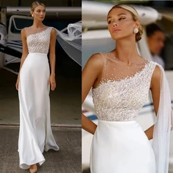 Bright Chiffon Women Wedding Dresses Lace Printing Bridal Gowns Sexy Sleeveless Vestidos Elegante Blanco Novia Civil Customized