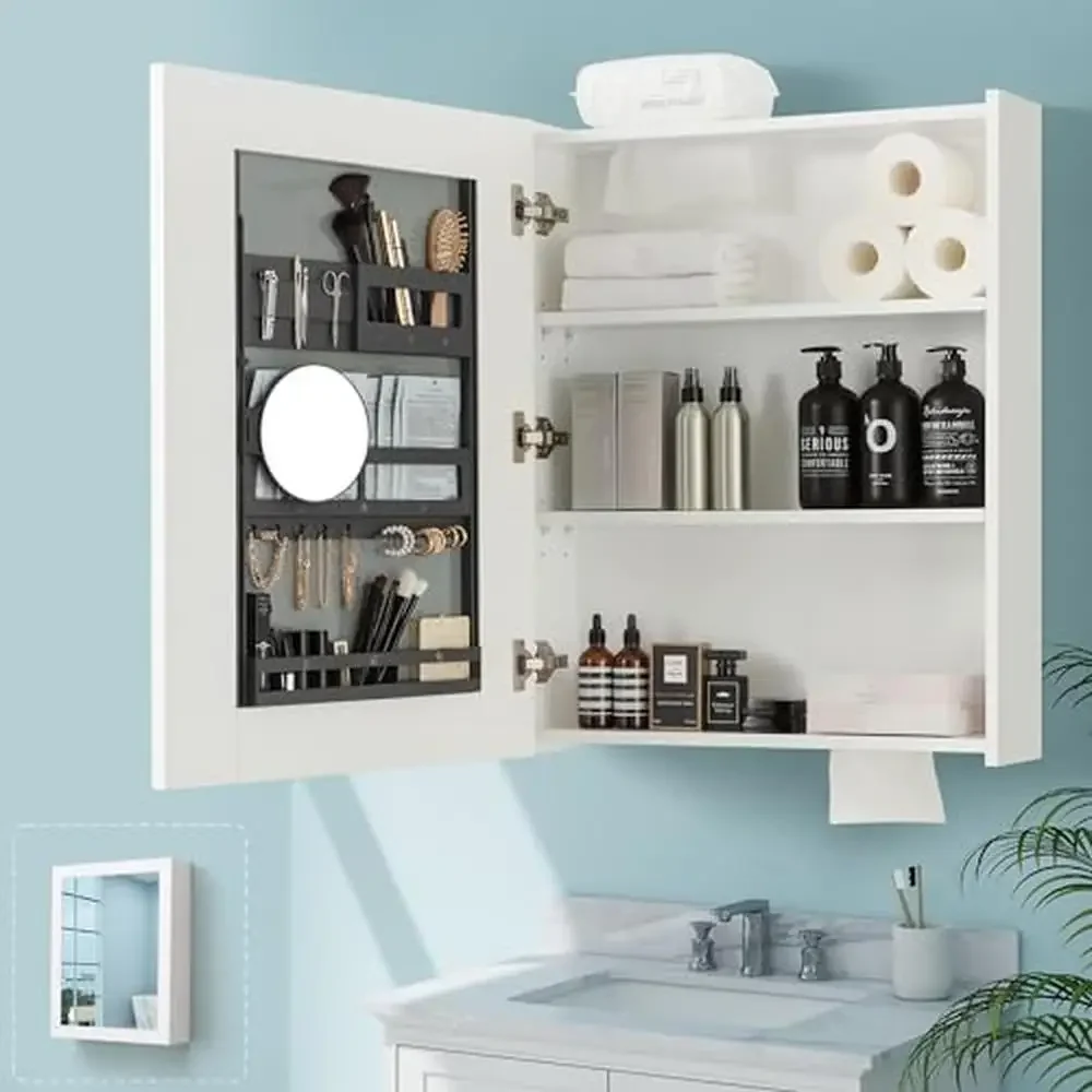 Large Single Door Bathroom Mirror Cabinet 24x30 inchs Vanity with Reversible Design Back Panel Storage Adjustable Shelves