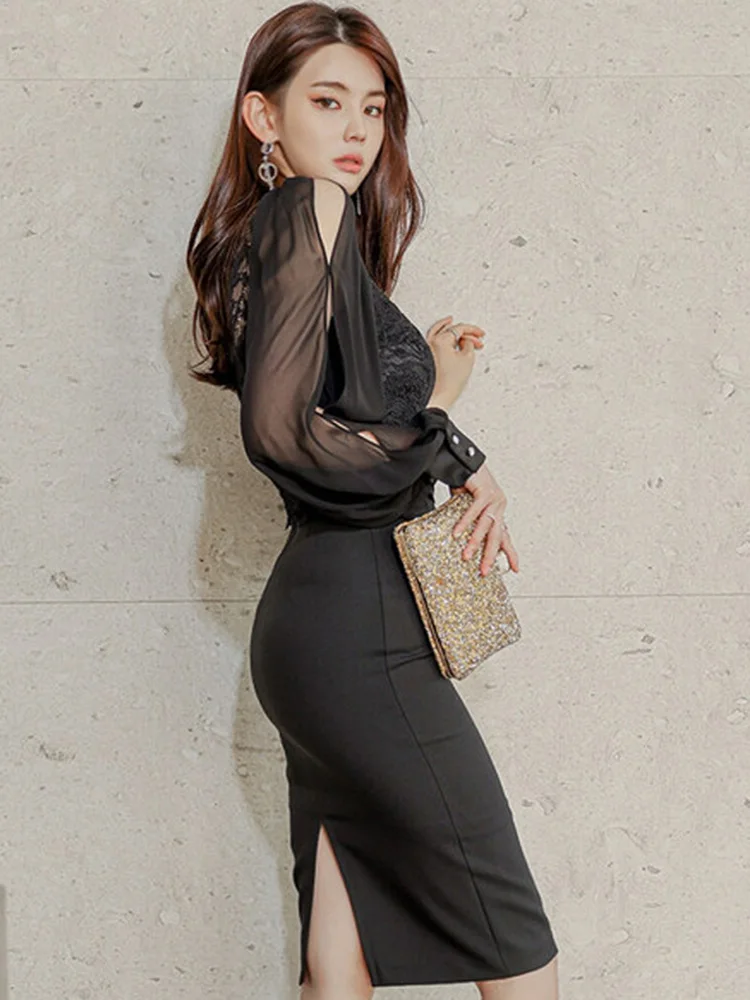 Office Lady Dress Spring Black Lace O-Neck Chiffon Puff Full Sleeve High Waisted Stitching Tight Fit Elegant Party Dress Women
