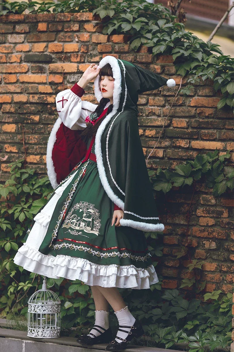 2025 nuevo invierno Navidad bordado vestido de Lolita de lujo dulce diseño kawaii princesa capa + vestido falso dos gran oferta