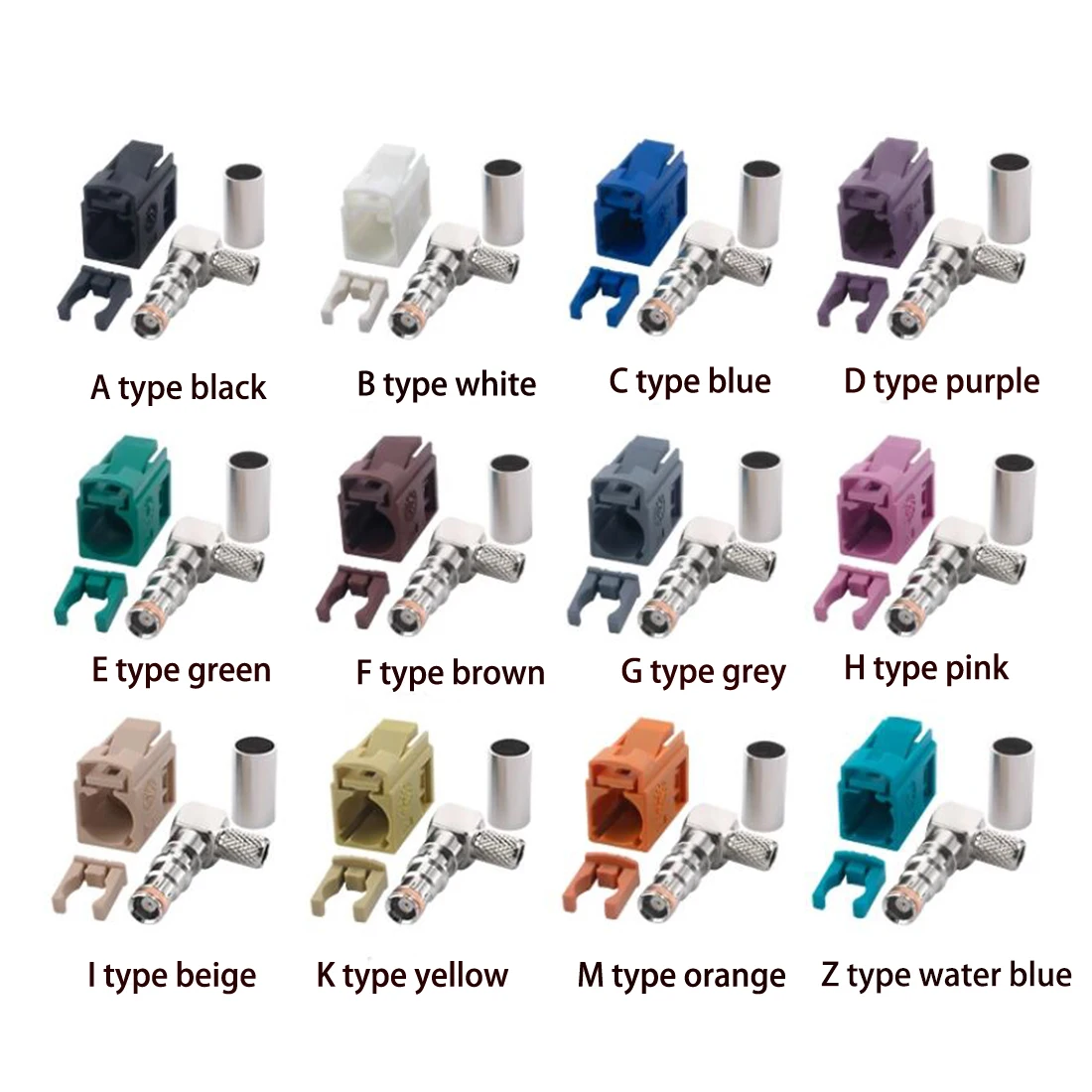 1pc  Fakra Female Jack A/B/C/D/E/F/G/H/I/K/M/Z RF Coaxial Connectors Right Angle for RG58 RG142 50-3 Pigtail Cable Wholesale
