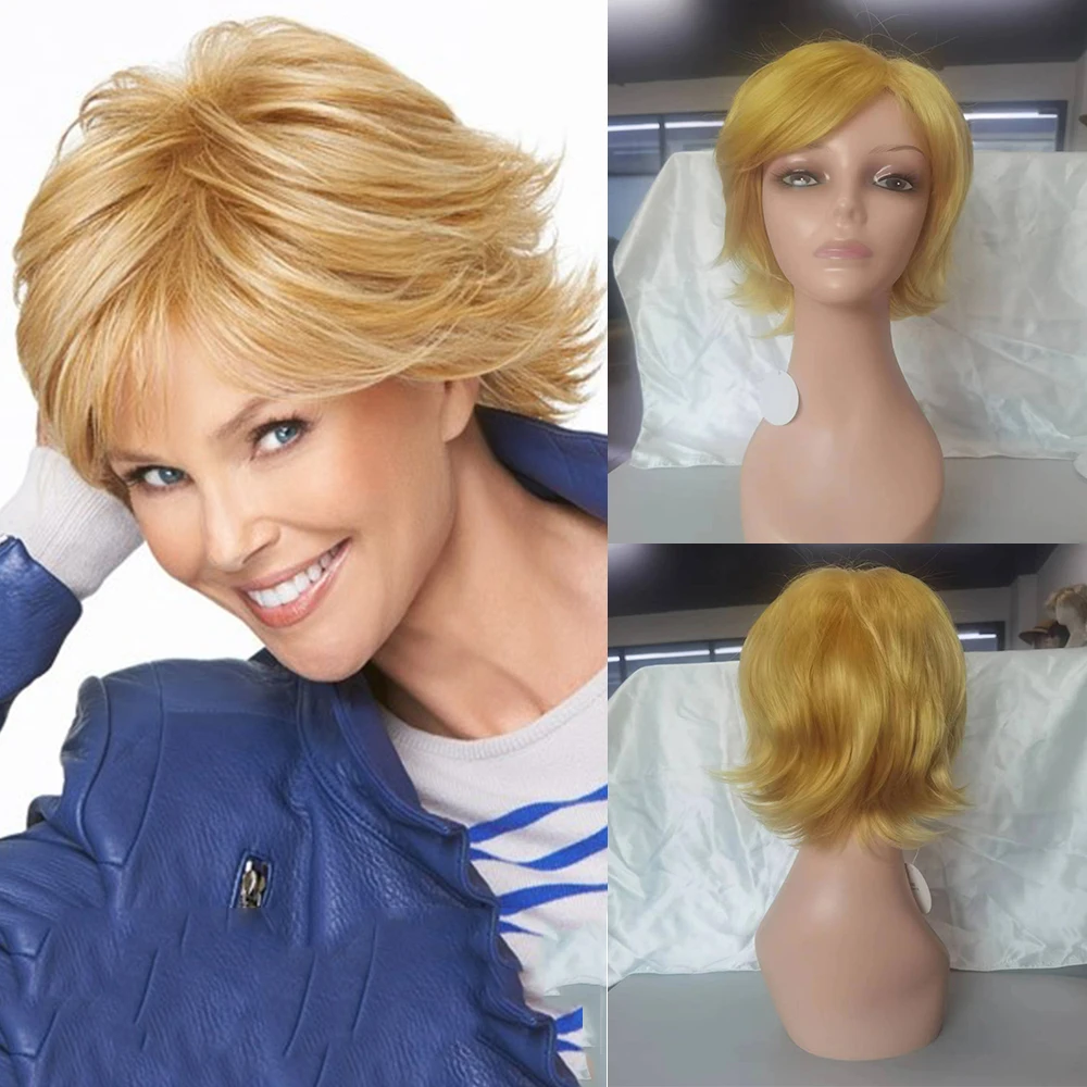 

Synthetic Golden Wig Short Pixie Cut Hair Daily Party Wig for Women Natural Curly Style Stylish Mommy Wig with Bangs