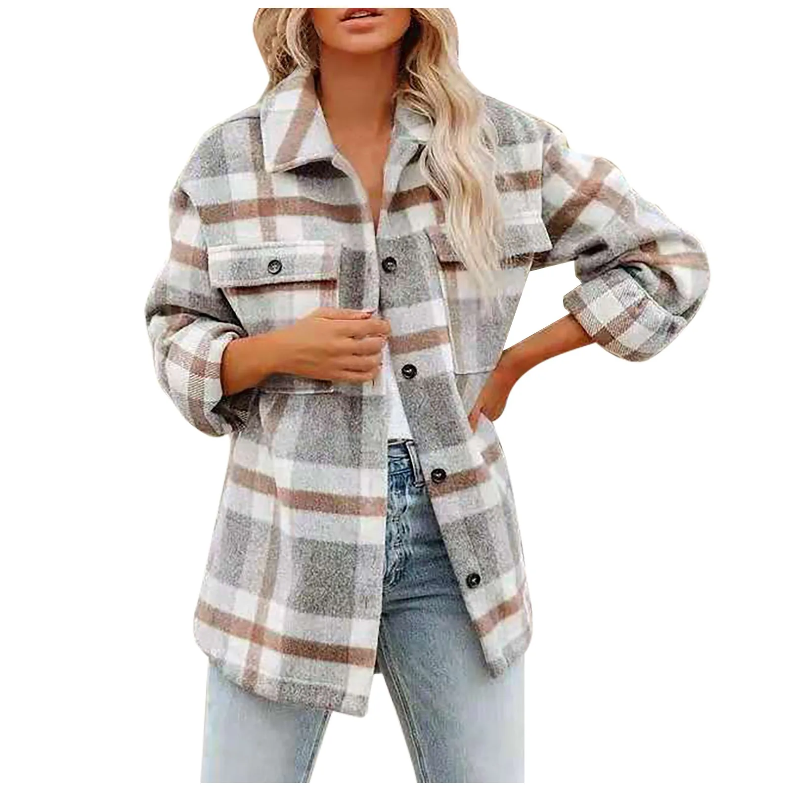 Women Plaid Shacket Jacket Lapel Long Sleeve Button Down Flannel Shirts Coat Double Pocket Design Loose Fall Clothes 2023