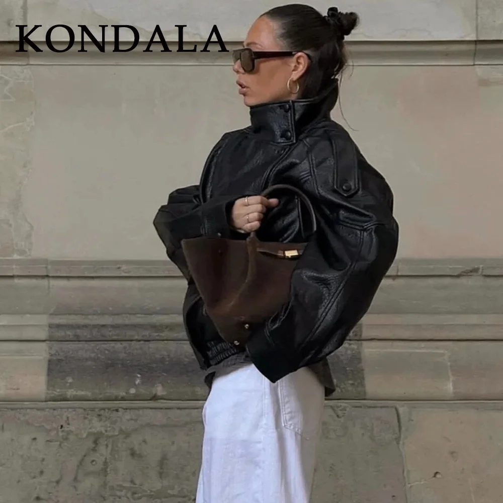 KONDALA 2025 automne hiver Faux cuir femmes Vintage manteaux mode Streetwear fermeture éclair col rabattu noël dames cuirs