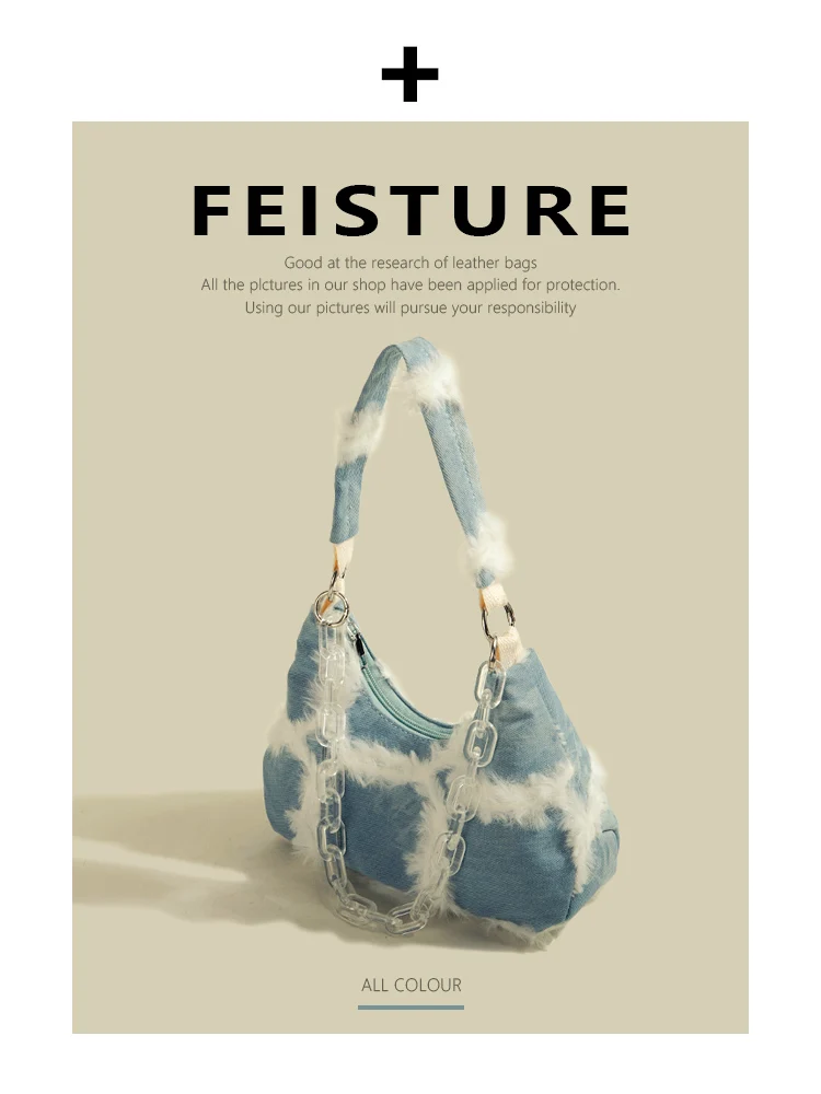 

Casual Spliced Denim oulder Bag Non-Pool Object Underarm Bag Trendy Chain Crossbody Bag Soft Handbag for Young Adults