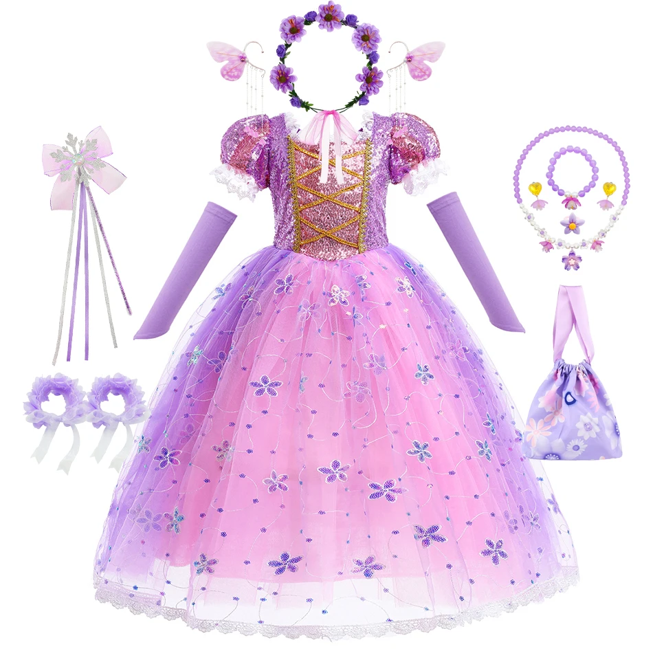 Rapunzel Inspired Princess Dress for Girls Purple Puff Sleeve Square Neck Ball Gown Kids Cosplay Costume for Birthday Halloween