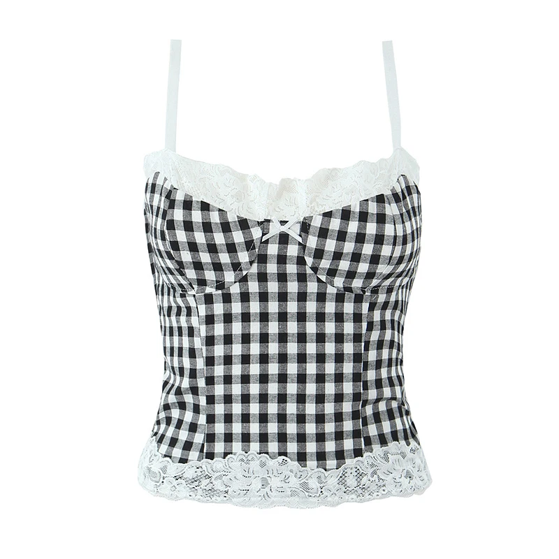 Summer Women Lace Patchwork Plaid Wire bra Corset Camis Sexy Sleeveless Side Zipper Crop Top Camisoles Chic Party Bra Tank