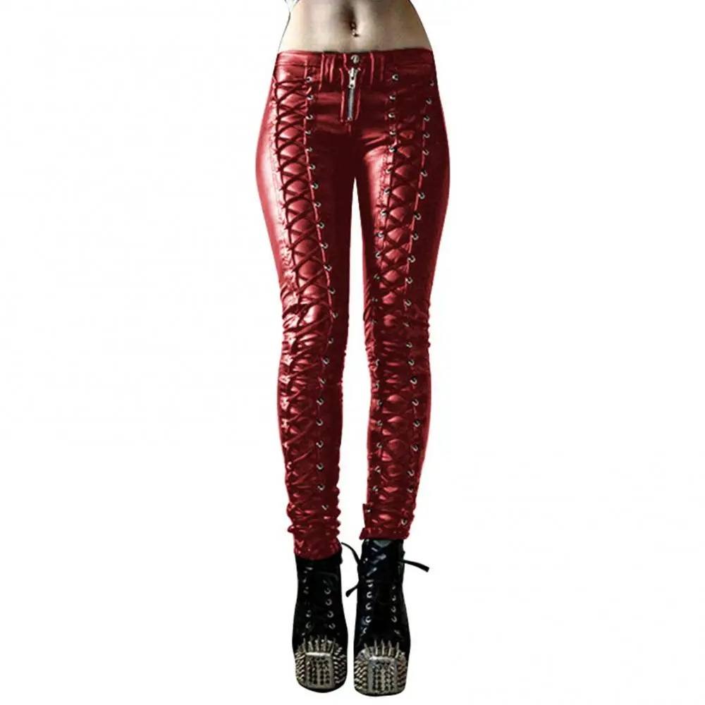 Women Faux Leather Trousers Skinny Button Pants Steampunk Cosplay Carnival Party Trousers