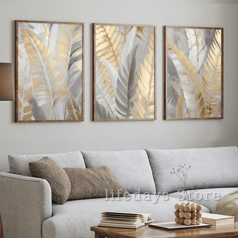 Neutral Abstract Gold Feather Poster Print Canvas Paintings Modern Wall Art Picture for Living Room Home Decoration Gift