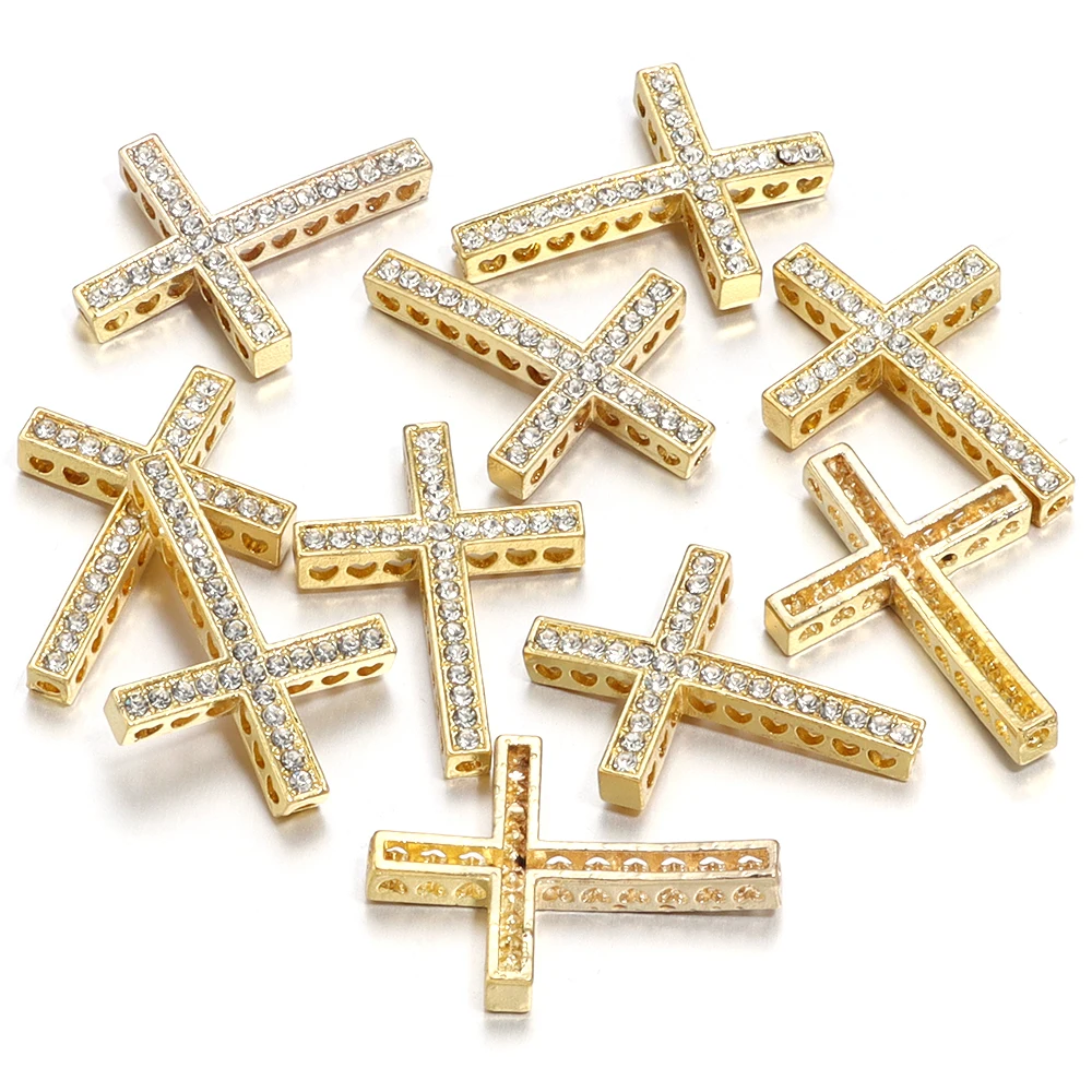 SAUVOO 5pcs 25x36mm Alloy Rhinestone Cross Charms Gold Silver Color Pendant Religious Necklace Keychain Jewelry Making Findings