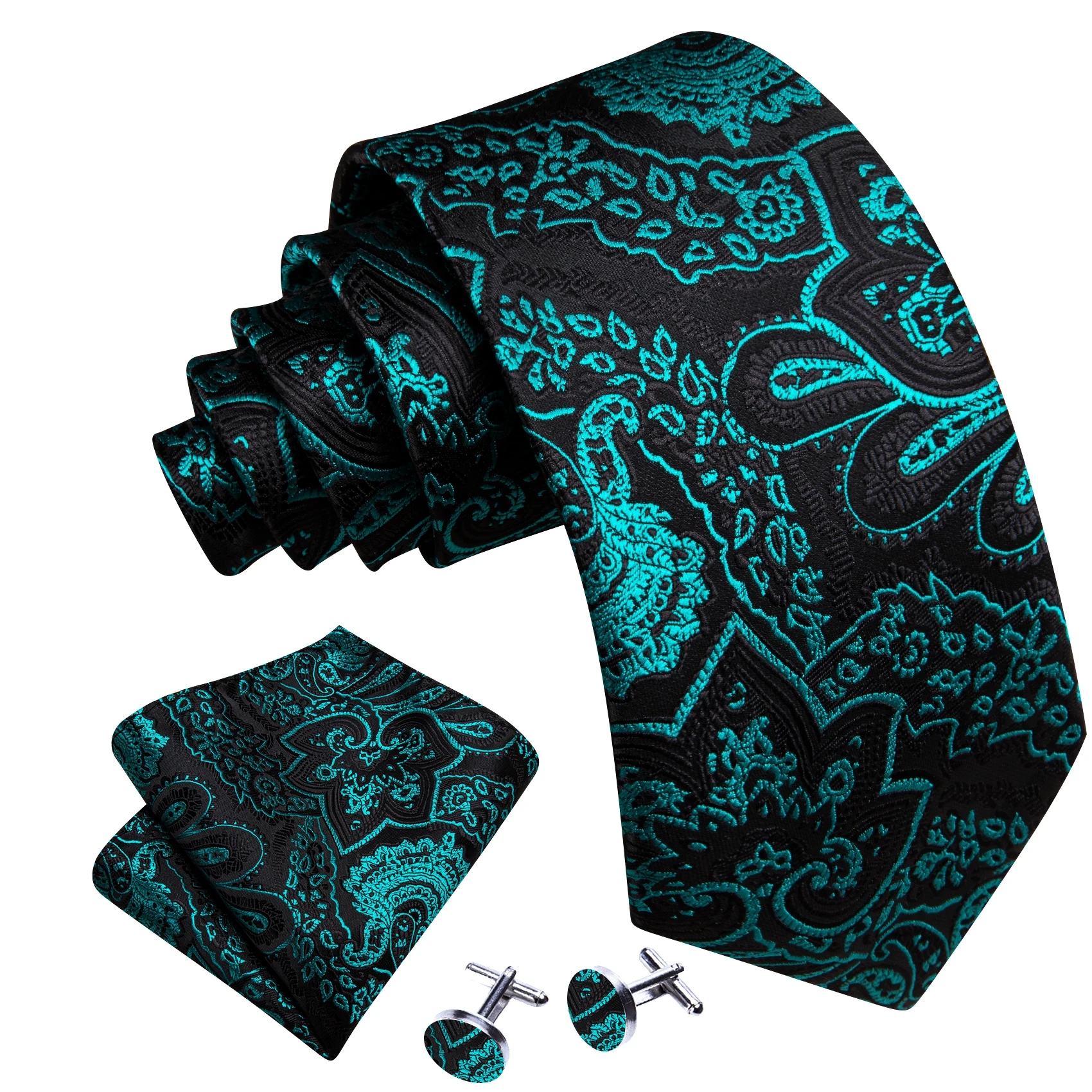 Barry.Wang Jacquard Paisley Floral Silk Mens Tie Pocket Square Cufflinks Set 20 Colors Necktie for Male Wedding Party Business