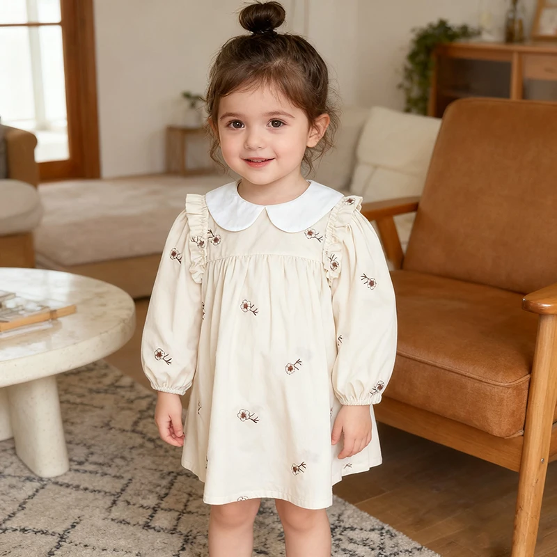 1-6Yrs Herbst Kinder Langarm Baby Mädchen Süße Blume Sticken Prinzessin Kleid Baby Mädchen Kleid Frühling Kinder Kleidung Kleid