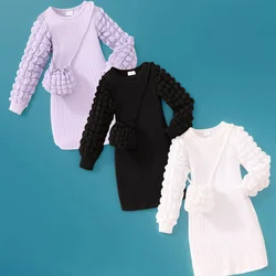 2024 Kid Girls Dress Spring Long Puff Sleeve White Solid Color Children Clothing Casual Birthday Gift Beautiful Girls Dress 3-7Y