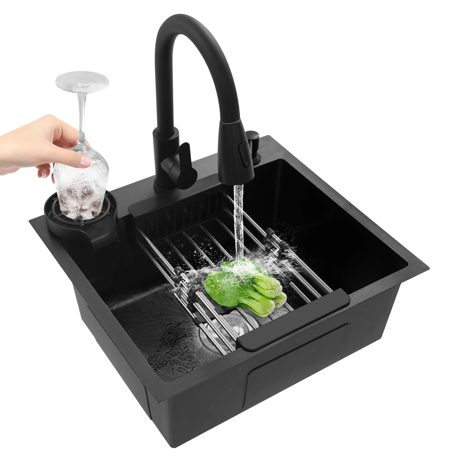 Fregadero de Cocina de 50x45 con Grifo Extraíble, Dispensador de Jabón y Enjuagador de Vasos, Juego de Fregadero Todo en Uno de Acero Inoxidable 201, Negro Moderno