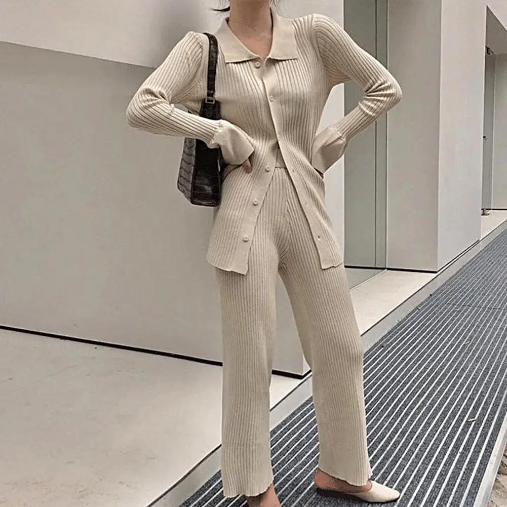 Sweater Coat Pants Set Solid Color Slim Fit Long Sleeves Turn-down Collar Elastic Flared Sleeves Women Sweater Trousers Suit