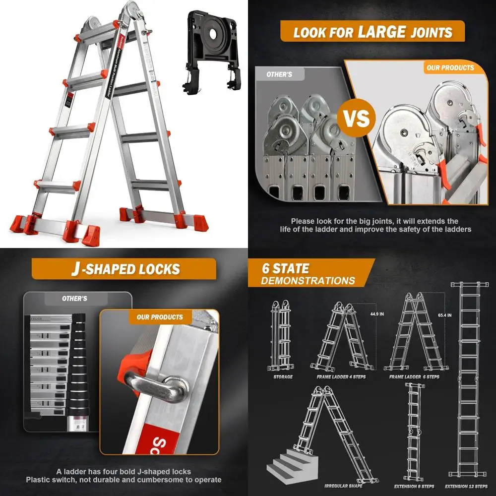 

4-Step Extension Ladder, 14.5ft Multi-Position, Removable Tool Tray, Stabilizer Bar, 330lbs Capacity, Heavy Duty Ladder for Home