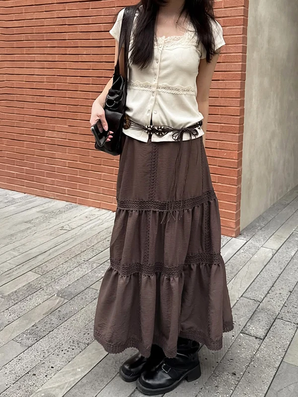 

Slim Fit Vintage Knitted Brown Skirt Women's High Waist H-ape Casual Sle Polyester Fiber Elastic Waisand Skirt