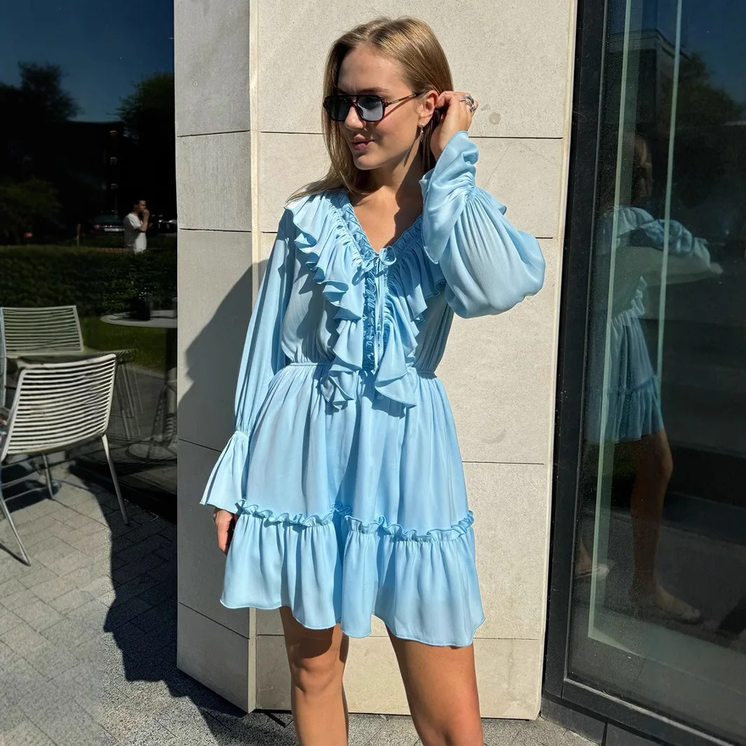 Femmes à volants col en V Mini robe taille haute décontractée à manches longues robe élégante Patchwork une ligne Verstido à lacets robes de mode